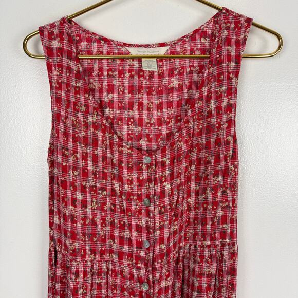 Vintage 90s Express Red Romper Jumpsuit Button Front Pockets Plaid Floral 9/10 M - Picture 8 of 8